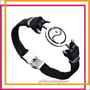 LEATHER AND STAINLESS STEEL YIN YANG ADJUSTABLE BRACELET UNISEX NWT